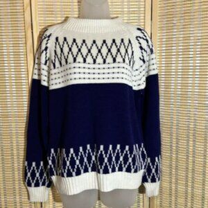 JC Penney Vintage 1970s Blue White Striped Mock Turtleneck Knit Sweater Medium